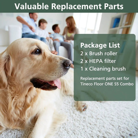 Floor One S5 Combo Replacement Brush Rollers And HEPA Filters Kit image with dog and package list for cordless vacuum cleaner