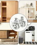 Collage of various cabinets and closets with inset of 12 Closet Door Rollers Set With 24 Screws, Adjustable Wardrobe Door Wheels For Smooth Quiet Sliding, Includes Six Each Of Two Types, Easy Hardware Kit For Cabinet And Sliding Doors.