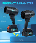 Cordless Leaf Blower 300000 RPM Handheld Power For Patio Cleaning, showing dual view with battery and labeled parts.