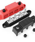 Heavy Duty 250A 12V Power Distribution Block With Four 5/16 Studs Solid Build Marine And Solar Wiring Assembly Red Black close-up on components