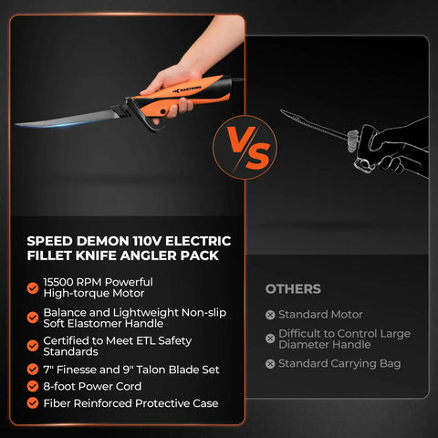 Image of a person holding the orange Speed Demon 110V Electric Fillet Knife Powerhouse With High Torque Motor ETL Safety Certified.