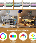 Gray Twin Loft Bed With LED Lights, stairs, guardrail, storage bookcase, under bed play space and colorful side curtains.
