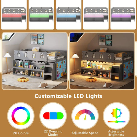 Gray Twin Loft Bed With LED Lights, stairs, guardrail, storage bookcase, under bed play space and colorful side curtains.
