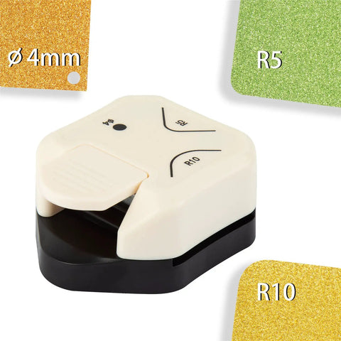 3 In 1 Corner Rounder Punch Set with 4mm circle cutter, 5mm and 10mm radii, shown with gold and green paper samples.