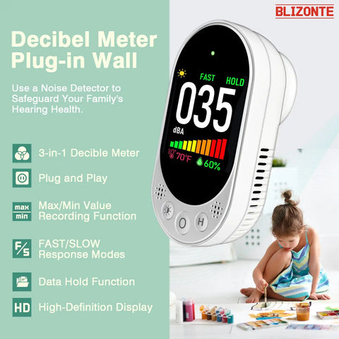Plug-In Wall Decibel Meter With 3-In-1 Noise Temp And Humidity Detector For Home, Classroom, Library Or Rental, Real-Time Sound Level Readout With Fast Or Slow Refresh, Max/Min Data Hold, 30-130 dBA on wall