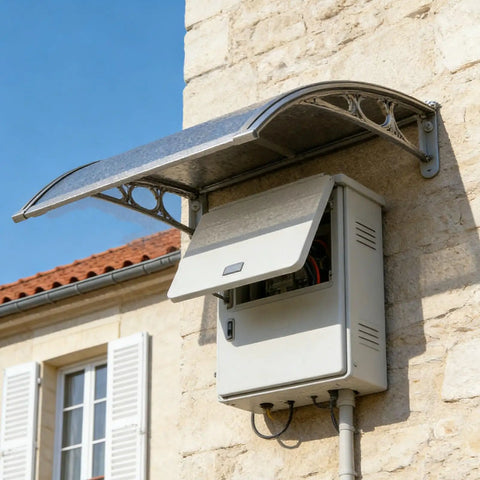 Heavy Duty Electric Vehicle Charging Station Roof Cover with polycarbonate awning, mounted above a wall box for rain protection.