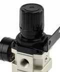All In One Air Filter Regulator Combo For One Half NPT Systems, Semi Auto Drain, close-up of gauge and mounting bracket