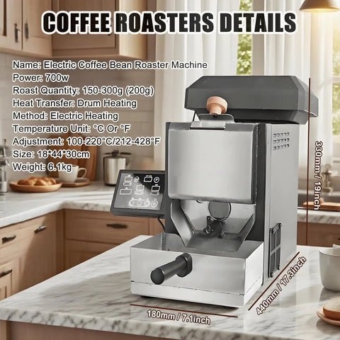 Legit Smokeless Automatic Coffee Bean Roaster And Straight Up Hassle Free Electric Roasting Machine For Home Counters Or Cafe Runs With Three Hundred Gram Capacity And Nine Roast Curves in a kitchen setting.