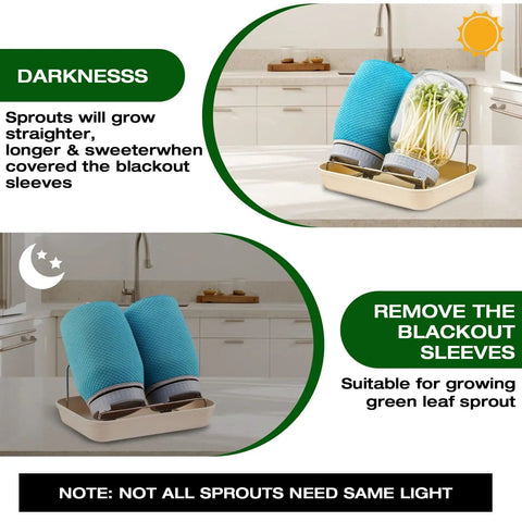 All In One Sprouting Jar Kit With 2 Wide Mouth Mason Jars Mesh Lids Blackout Sleeves Stand And Tray For Easy Home Sprouting