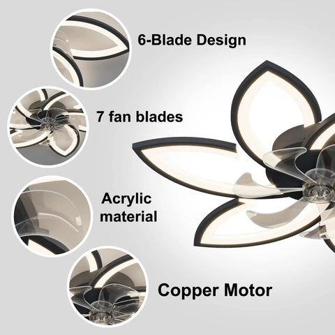 Low Profile Ceiling Fan With Lights And Remote, modern dimmable smart fan light combo, acrylic flower shade, copper motor