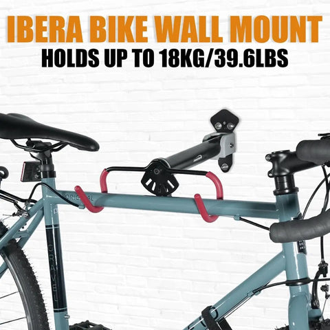 Space Saving Wall Mounted Bike Holder With Adjustable Frame Arm And Soft Rubber Cradles holding a bike on a white wall