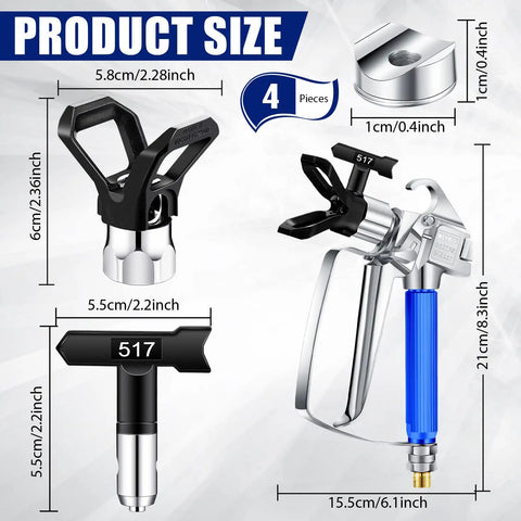 Heavy Duty 2 Pack 3600 PSI Airless Paint Spray Gun With 517 Tip And Swivel Joint High Pressure Sprayer, product size details and components.