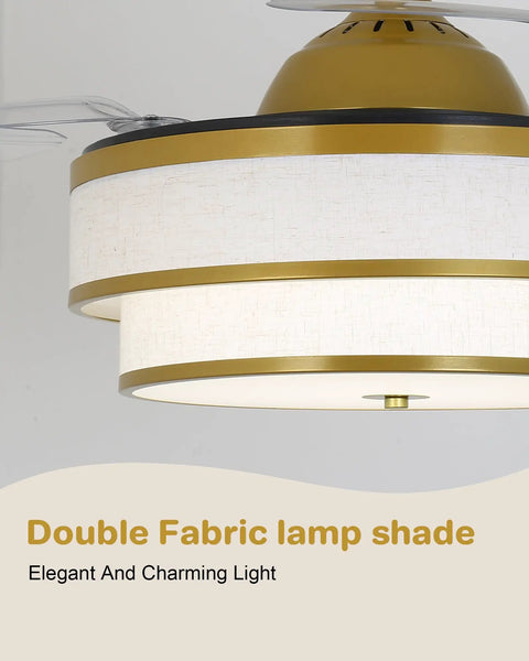 Velsgate 48 Inch Retractable Ceiling Fans with Lights and Remote double fabric lamp shade in white and gold design.