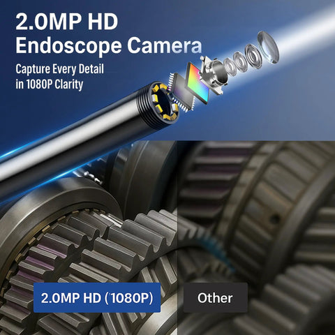 Industrial Borescope Endoscope With 4.3 Inch IPS Screen And 1920P HD Camera, Eight LED Lights, 16.5 Foot Semi Rigid Probe That Snakes Through Tight Spots For Quick Internal Inspections And Real World Diagnostics. 2.0MP HD camera close-up of lens and gears