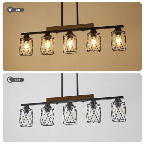 The Real Deal Five Light Farmhouse Chandelier With Slick Vintage Iron Frame And Crisp Clear Shades Giving Off Clean Modern Industrial Lighting Vibe For Dining Room Table Centerpiece, illuminated view.