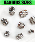 Beefy Heavy Duty 3/4 Inch NPT Female To 1/2 Inch NPT Female Reducer Pipe Fitting Coupler In 304 Stainless Steel For Air Water Gas Oil Systems Industrial Plumbing Adapter, several sizes shown