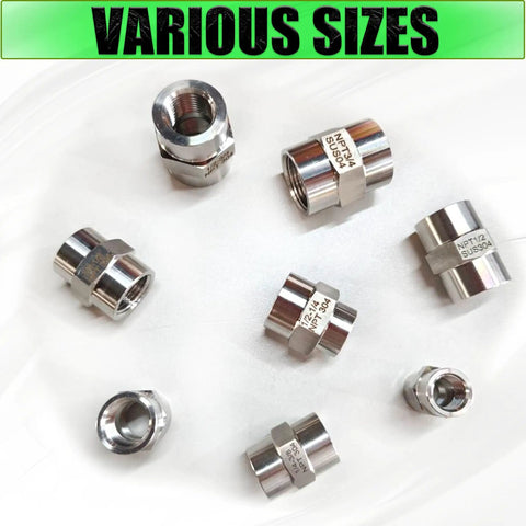 Beefy Heavy Duty 3/4 Inch NPT Female To 1/2 Inch NPT Female Reducer Pipe Fitting Coupler In 304 Stainless Steel For Air Water Gas Oil Systems Industrial Plumbing Adapter, several sizes shown