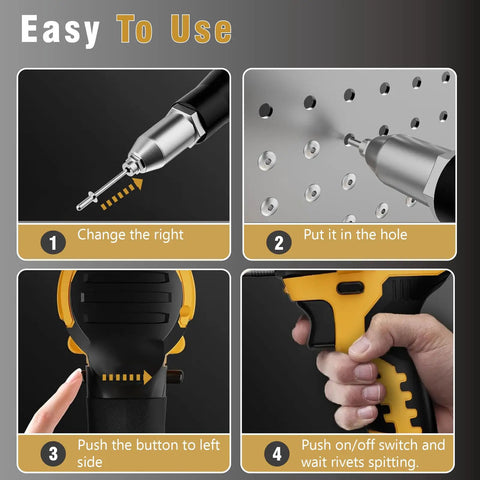 Workhorse Cordless Rivet Gun With Brushless Motor And One Button Auto Riveting For 20V Batteries Including Aluminum Rivets Quick Swap Nose and Bright LED Work Light Tool Only steps showing how to use the rivet gun.