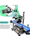 Automatic Flat Labeling Machine With Desktop Conveyor For High Speed Sticker Application features a universal label sensor and blue conveyor.