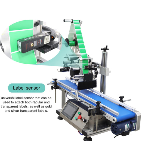 Automatic Flat Labeling Machine With Desktop Conveyor For High Speed Sticker Application features a universal label sensor and blue conveyor.