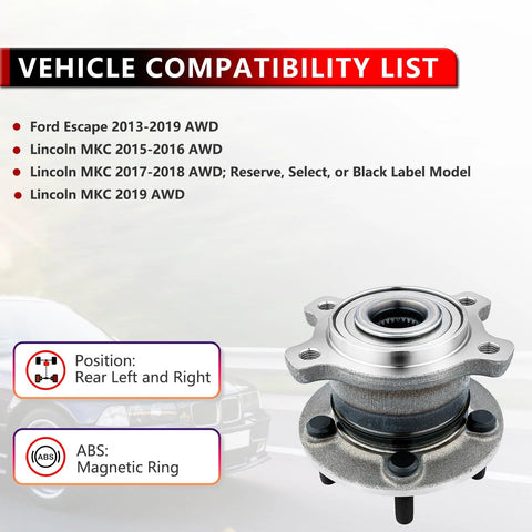 Rear Wheel Bearing and Hub Assembly With ABS for 2013 2019 Ford Escape and 2015 2019 Lincoln MKC Reserve Select or Black Label