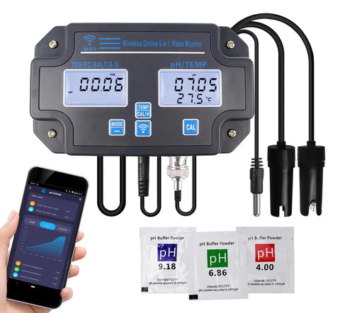 All In One Water Quality Tester 6 In 1 Real Time pH EC TDS Salinity SG And Temperature Monitor, WiFi enabled, calibration powders