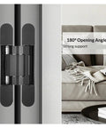 Real Quick And Easy Concealed Hydraulic Hinge With Three Way Tweaks And Silky Soft Close Action Swinging Up To Two Hundred Pounds For Smooth Flush Kitchen Doors In Heavy Duty Black showing 180-degree opening angle