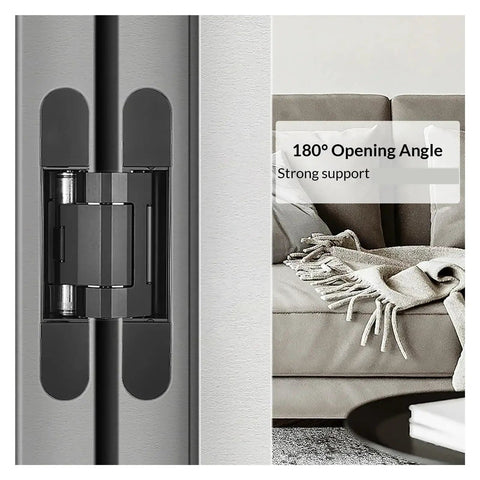 Real Quick And Easy Concealed Hydraulic Hinge With Three Way Tweaks And Silky Soft Close Action Swinging Up To Two Hundred Pounds For Smooth Flush Kitchen Doors In Heavy Duty Black showing 180-degree opening angle
