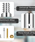 Image showing aluminum alloy universal thread and three types of nails for Thread Tip Replacement Kit for Extension Poles Go To Ultra Threaded Tips in 0.8 Inch and 1 Inch Sizes, Metal Adapter and Handle Tips for Mop, Broom, or Brush, Quick Install, 2 Pack, Heavy Duty Steel.