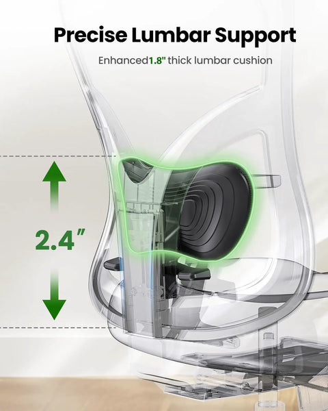 Close-up of lumbar support cushion in ergonomic office chair with lumbar support and 2D headrest adjustable armrests contoured seat cushion swivel desk chair on wheels for home office and gaming built for all day comfort.