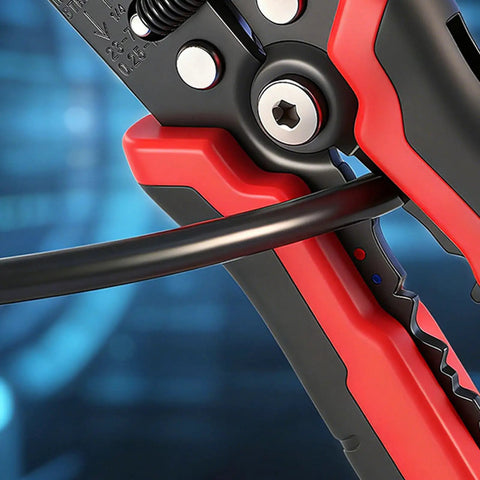 Close-up of All In One Wire Stripper and Cutter for Electricians and DIY Handymen with Safe Locking Auto Stripping Built In Cutter