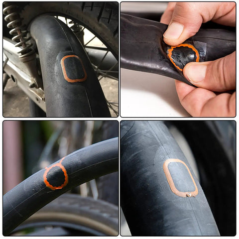 Tire Repair Kit For Bikes And Motorized Rides With Glueless Patches And Vulcanizing Patches shown on bicycle inner tube.