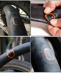 Ultimate Bike Tire Patch Kit With 24 Vulcanized Patches Three Patch Sizes 2.15 1.47 1.18 Inch Sandpaper And Metal Rasp In A Portable Case For Cycling Motorcycles BMX And ATVs Fix Flat Inner Tubes Fast No More Flats showing patched bike tire