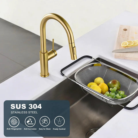 Tohlar Gold Kitchen Faucet with Pull Down Sprayer, SUS304 stainless steel, elegant and modern design in kitchen sink.