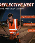 Man wearing high visibility reflective vest at night by roadside with car hood open.