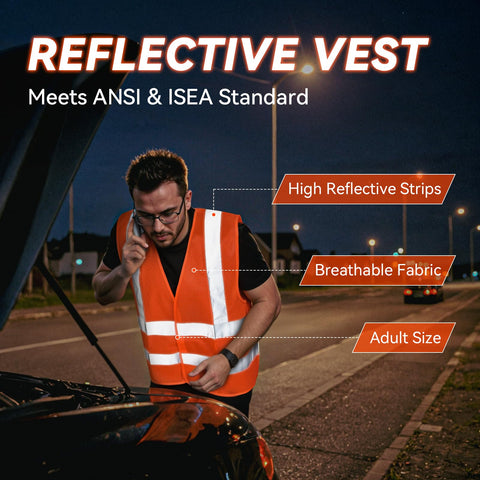 Man wearing high visibility reflective vest at night by roadside with car hood open.