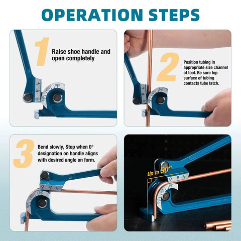 Operation steps for Real Deal Manual Tube Bender For Copper And Steel Pipes showing bending process and handle adjustments.