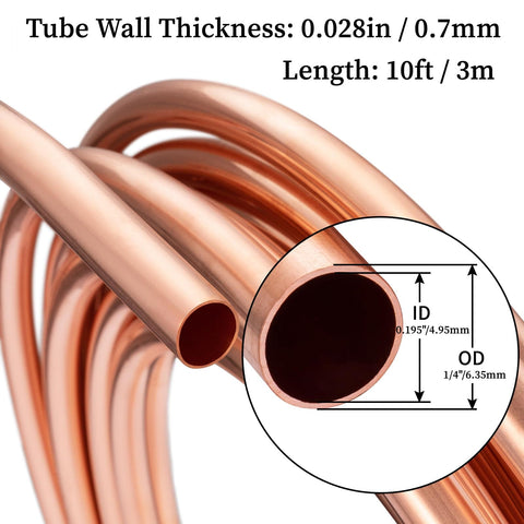 Copper Tubing One Quarter Inch OD By 0.195 Inch ID Ten Foot Soft Coil For Refrigerator HVAC Systems with wall thickness diagram
