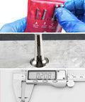 4-piece ball-type telescoping gauge set in a red pouch with A/B/C ranges; gauges shown measuring a bore with a digital caliper reading.