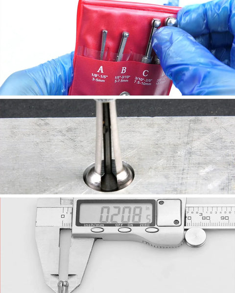 4-piece ball-type telescoping gauge set in a red pouch with A/B/C ranges; gauges shown measuring a bore with a digital caliper reading.