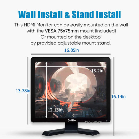 Big 19 Inch CCTV Security Monitor With No Image Stretch For NVR, VESA mount, dimensions shown, metal housing, front view