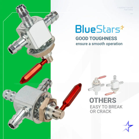 1-633347 Cut Off Fuel Valve With In Line Filter Kit Two Way One Quarter Inch Barbs shown with comparison details.