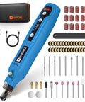 HARDELL cordless rotary tool in blue with 69-piece accessory kit and USB-C charging, includes case