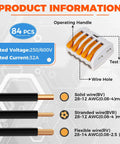 84-Piece Lever Wire Connectors Kit For Quick, Safe Wiring And Easy DIY Runs diagram showing connector details and wire types.