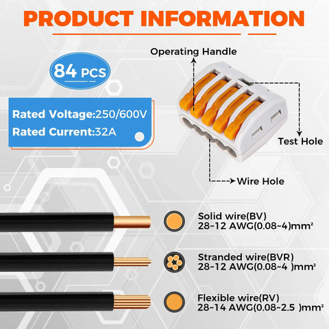 84-Piece Lever Wire Connectors Kit For Quick, Safe Wiring And Easy DIY Runs diagram showing connector details and wire types.
