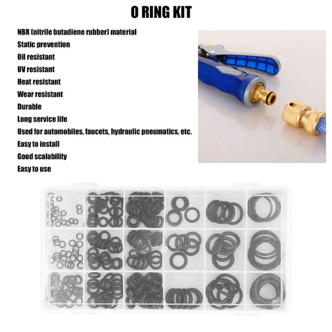 225Pcs NBR O Ring Assortment Kit Pro Grade With 18 Oil Resistant Sizes In Transparent Storage Box displayed with tools