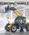 Heavy Duty Four Wheel Drive Telehandler Forklift cruising smooth on any job site, featuring a telescopic boom in a modern warehouse.