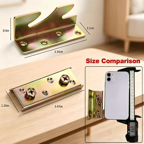 Heavy Duty Bed Rail Brackets With Mounting Screws Built Tough Rock Solid Galvanized Steel Hardware Bed Frame Repair Kit showing size comparison next to phone.