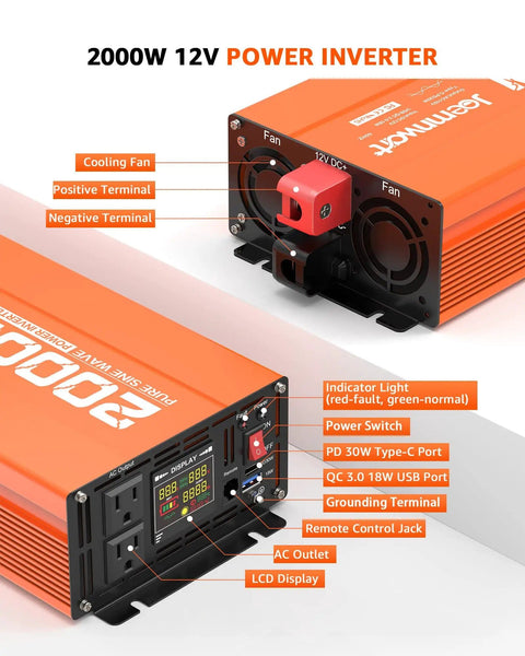 Heavy Duty 2000W Pure Sine Wave Inverter for RV and Truck Off Grid Solar Power On The Go 12V to 110V Converter ports display