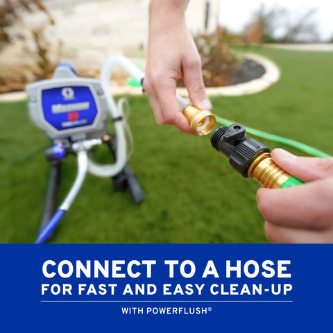 Heavy Duty Airless Paint Sprayer For Interior And Exterior Tasks Featuring Fully Adjustable Pressure Control and hose connection for easy cleanup.